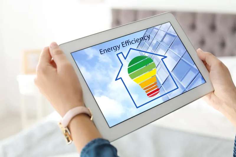 Tablet showing an energy efficiency rating for a house